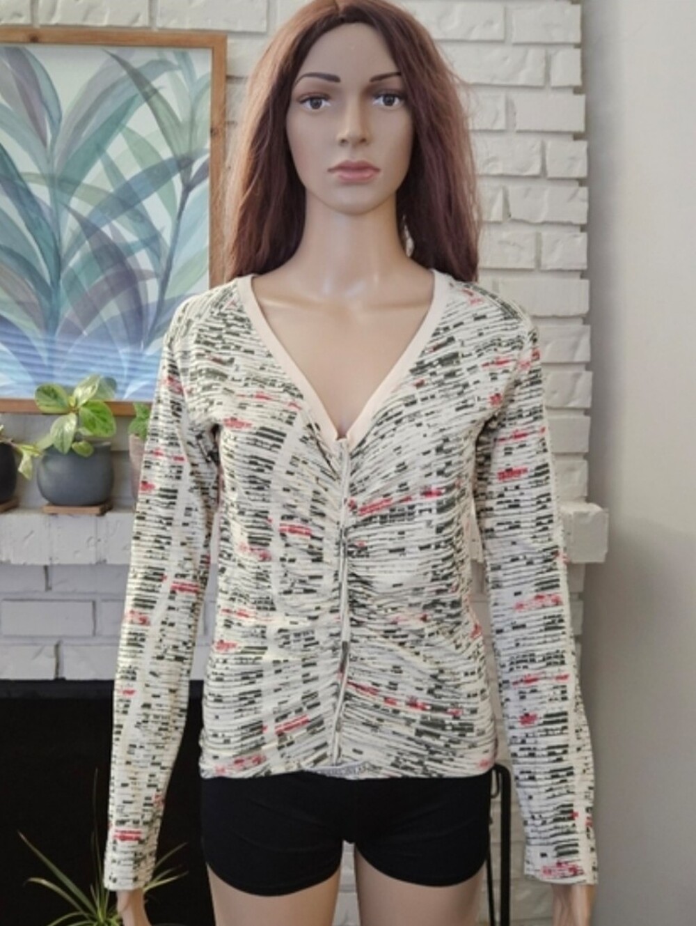 Diesel Top Cream Gray V-Neck Ruched Long Sleeves Y2K